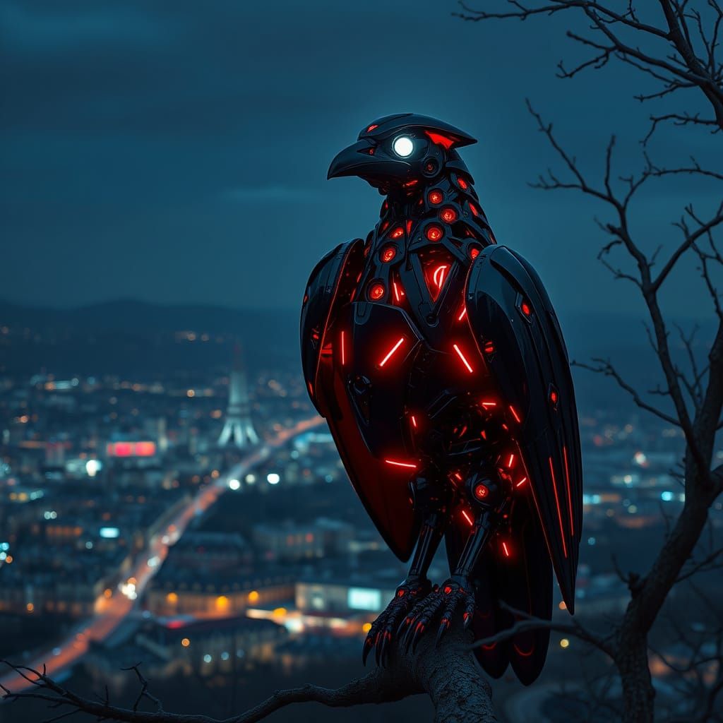 Metallica Robot Raven Illuminates Cityscape