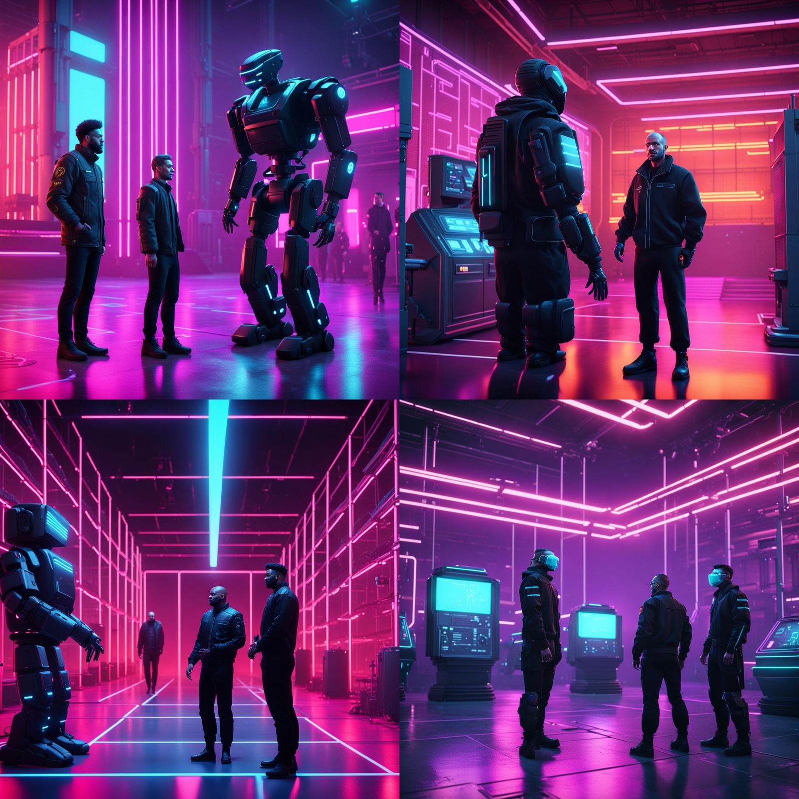 Synthwave Prison Discussion with Robot Guards