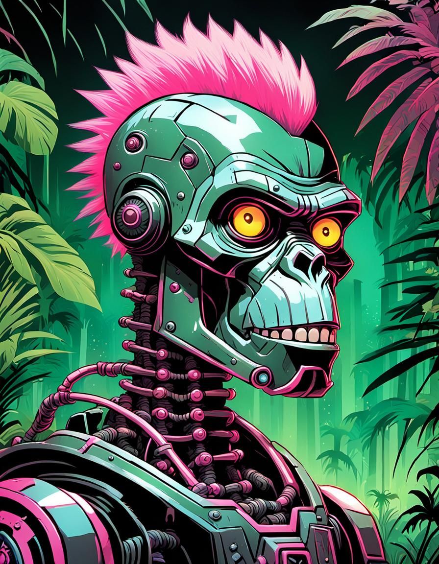 Art Deco Robot Gorilla in Jungle Comic Book Style
