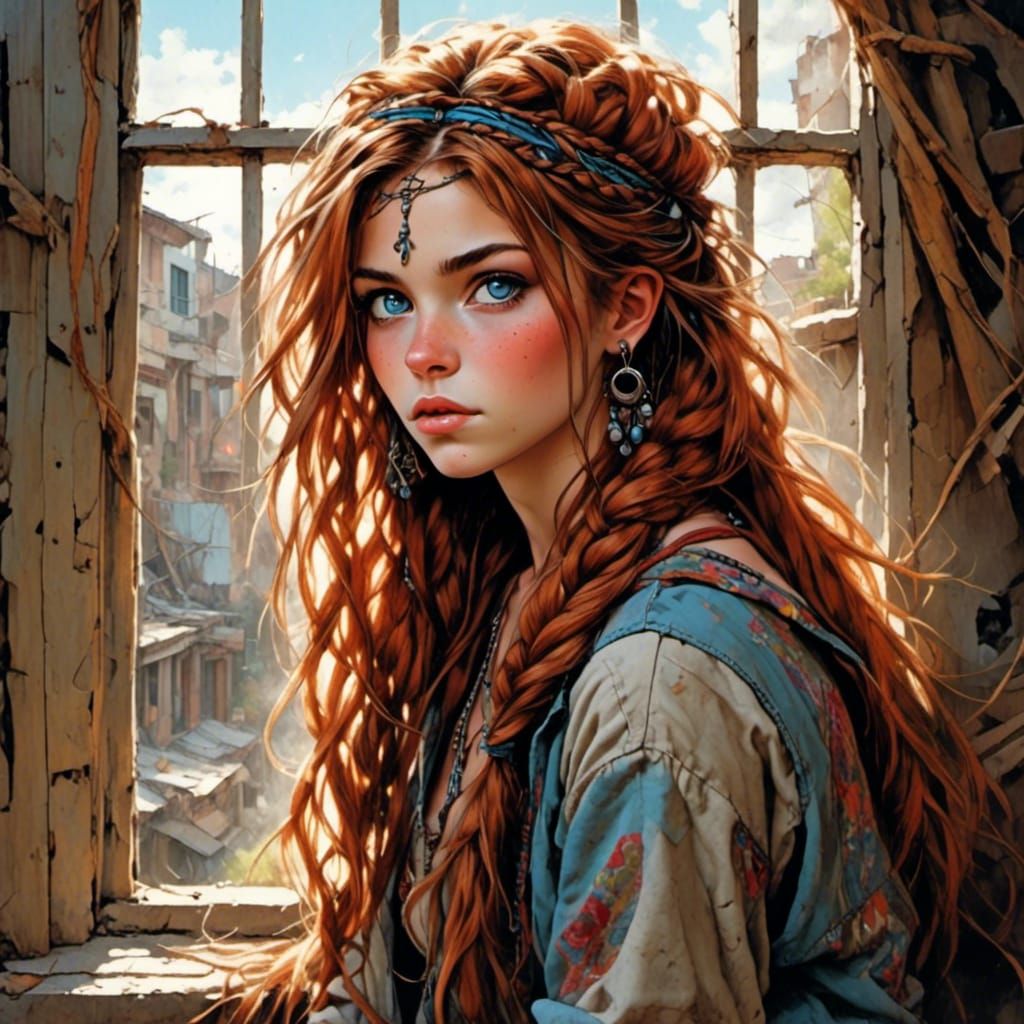 Photorealistic Hippie Punk Girl with Braided Hair