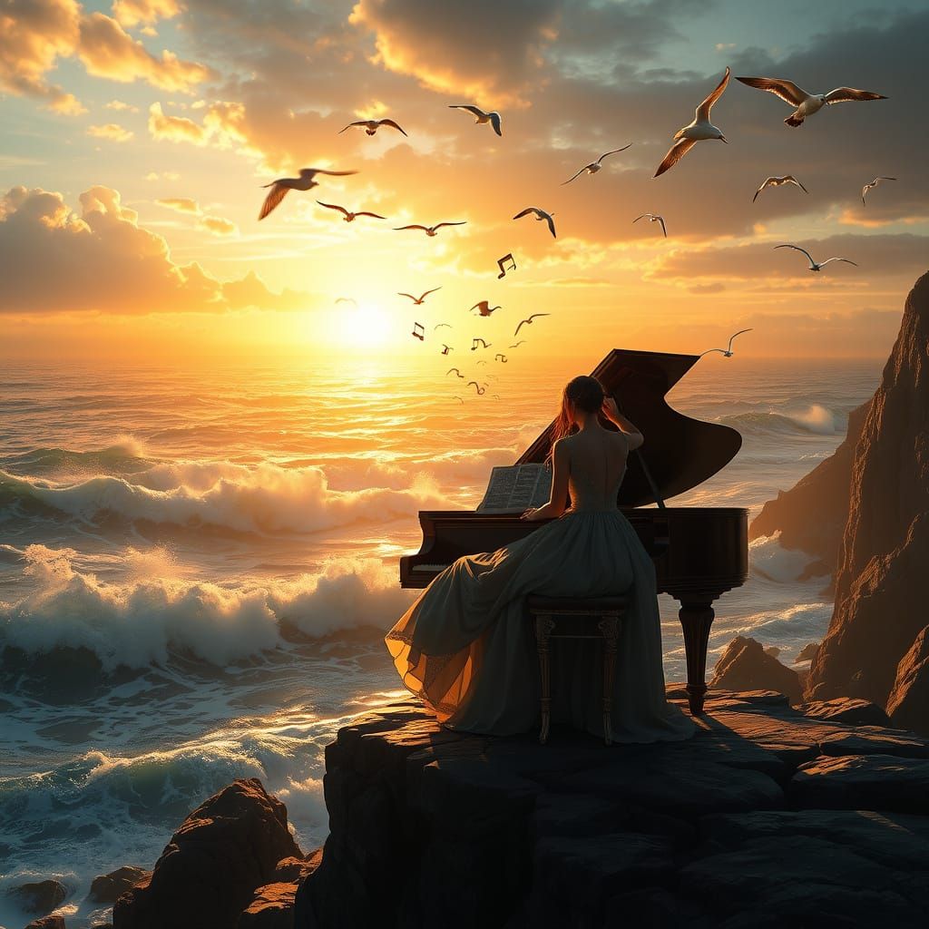 Elegant Woman Plays Piano on Rugged Coastline at Sunset