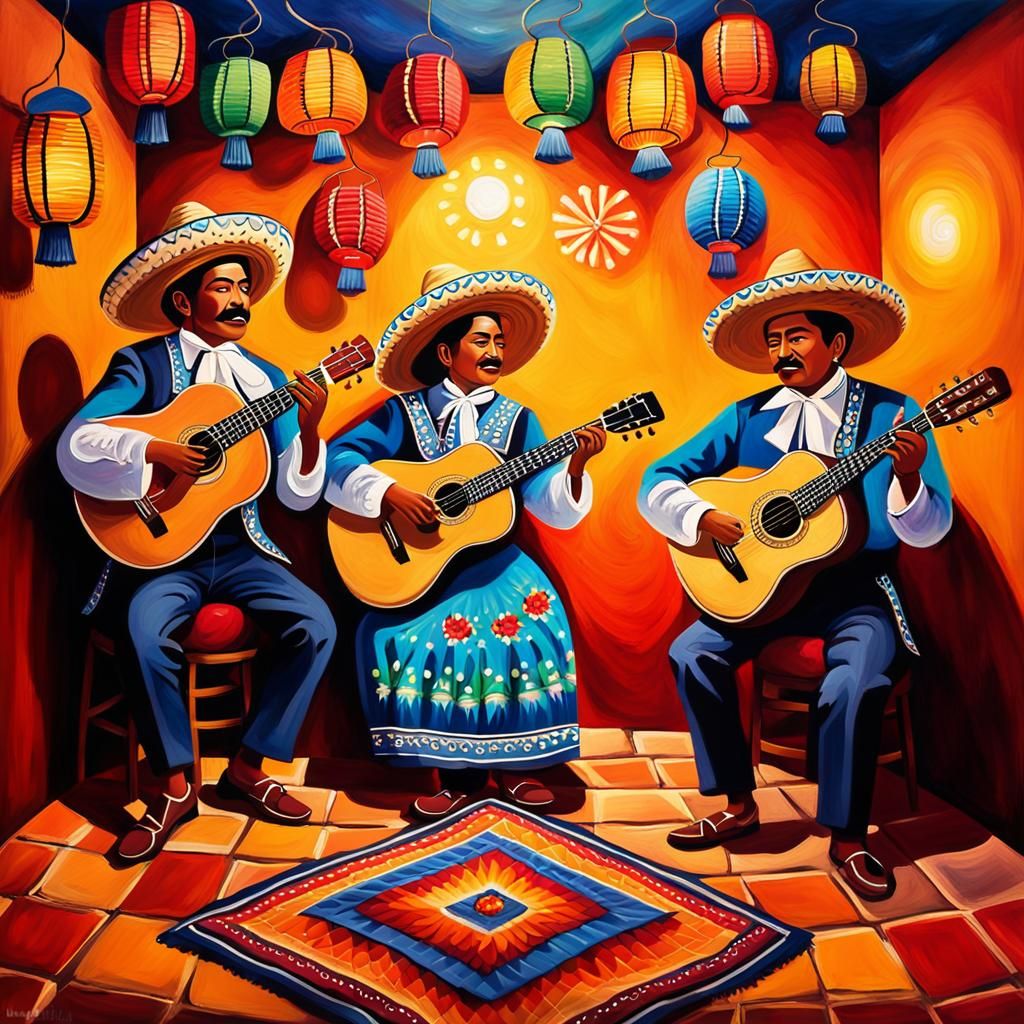Mexican Folk Art: Mariachi Singers in Restaurant