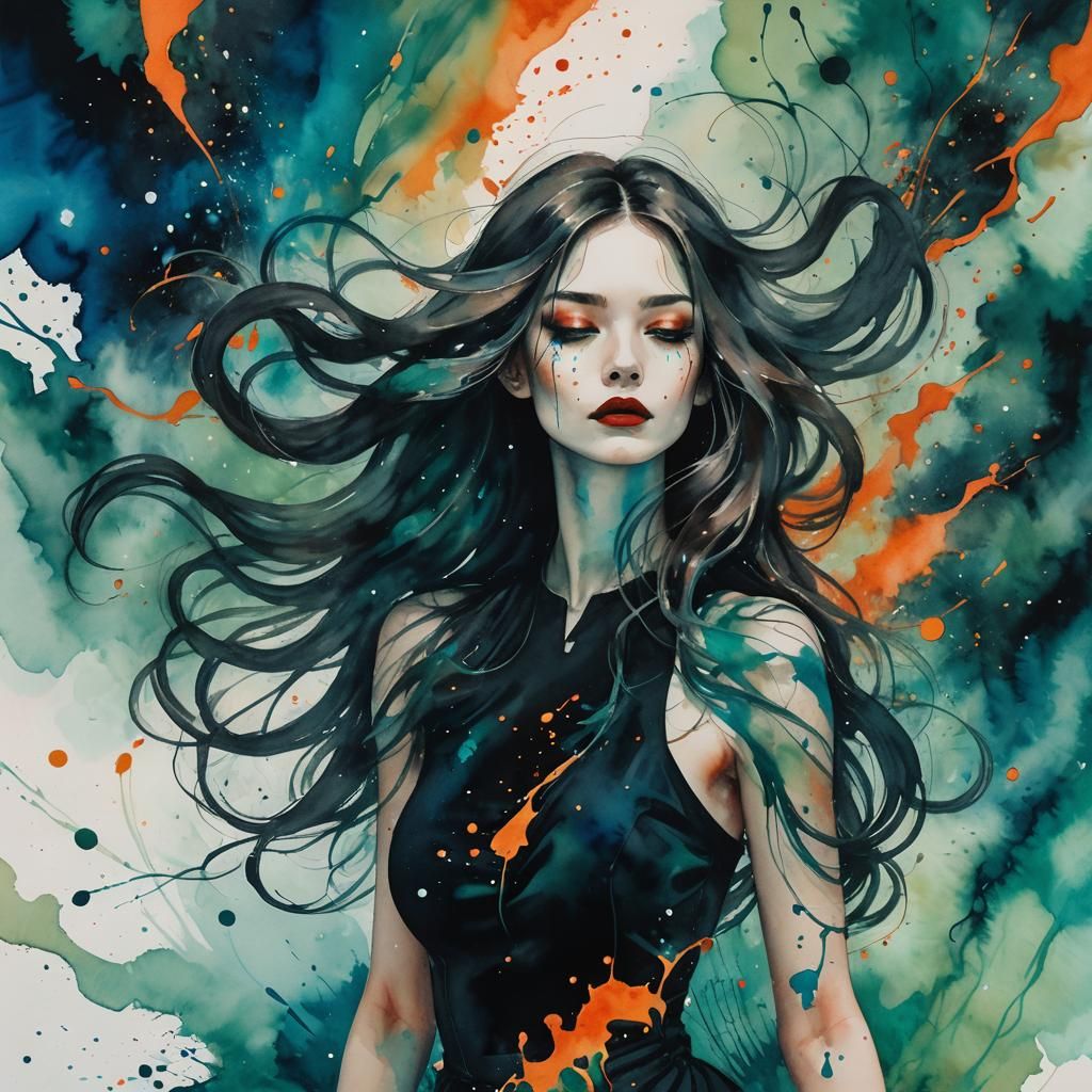 Surreal Liquid Woman in Fauvist Watercolour Landscape