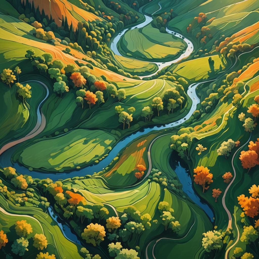 Lush Green Valley with River in Fauvism Style