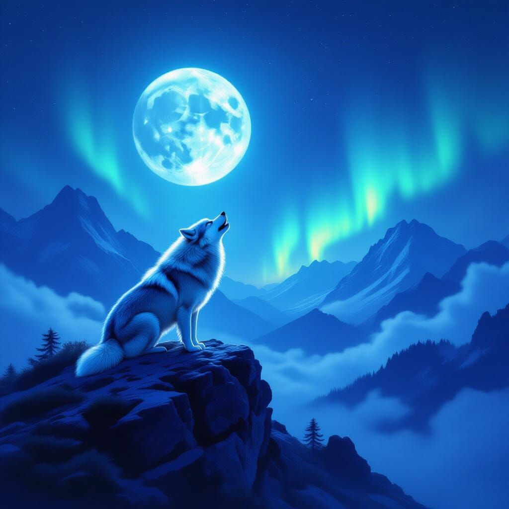Spectral Wolf Howling Under Aurora Borealis