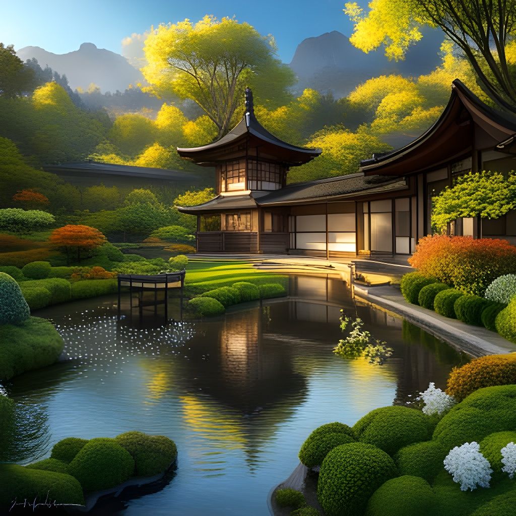 Elegant Japanese Garden: Hyper-Realistic Digital Illustratio...