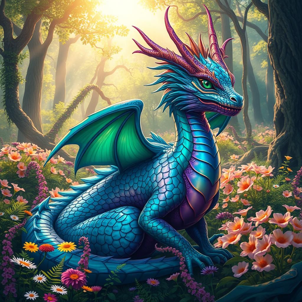 Iridescent Dragon in a Colorful Flower Forest