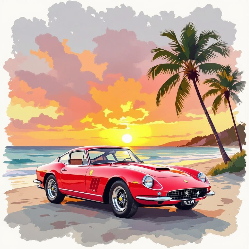 Vintage Ferrari on Beach at Sunset in Watercolor Style