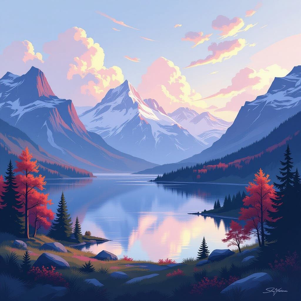Majestic Mountain Landscape in Airbrush Art Style