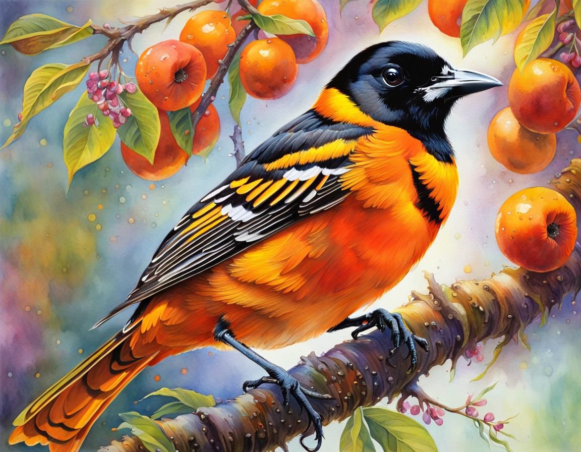 Baltimore Oriole in Splashy Watercolour Style