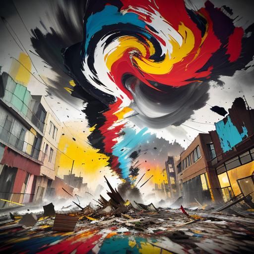 Abstract Expressionism. Birds eye view. Artist throws paint ...