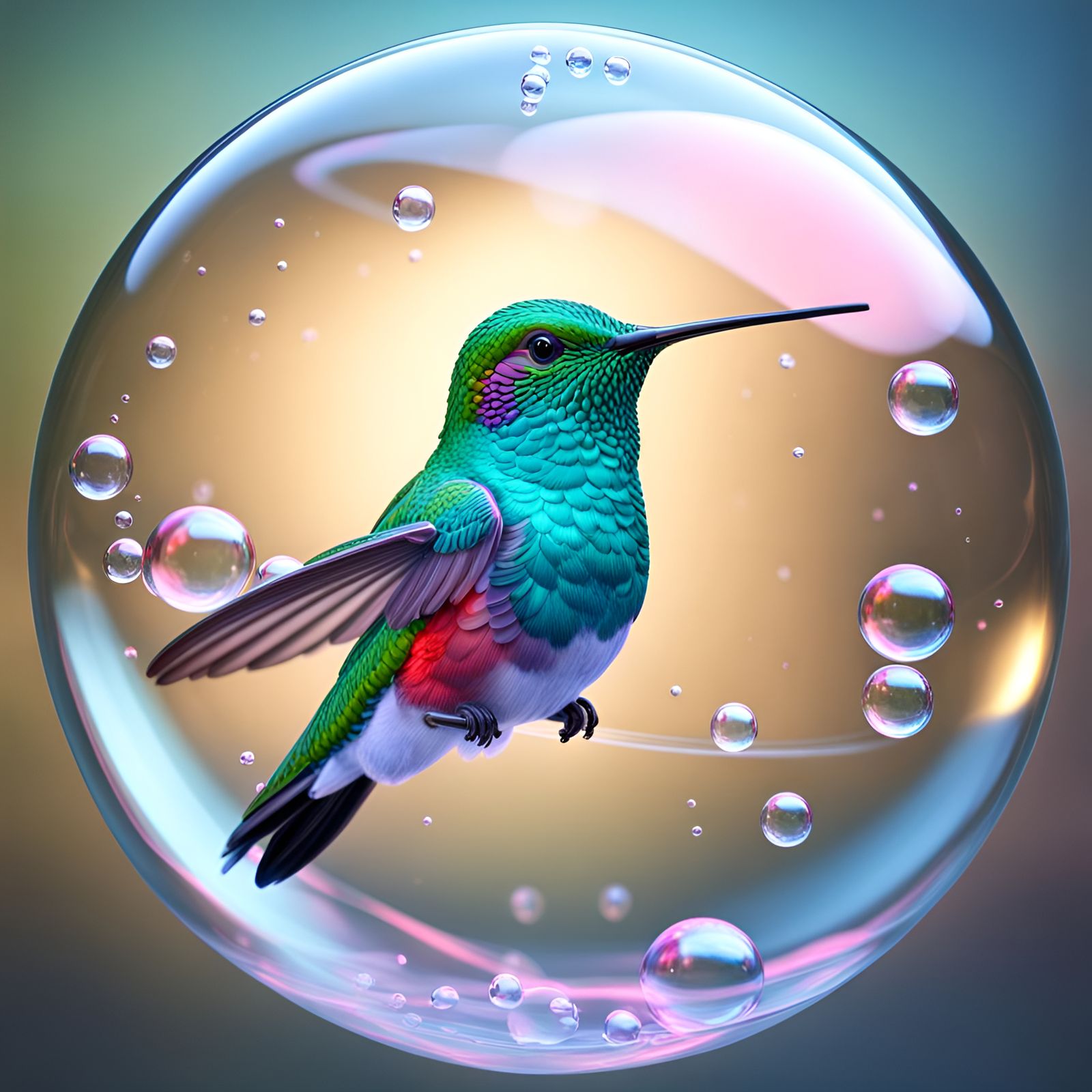 Hummingbird in 3D Bubble, Cyberspace Digital Art