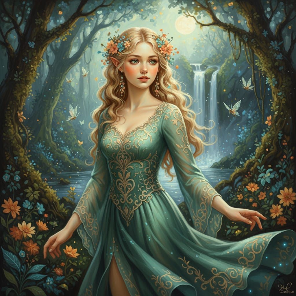 Young Woman in Sea Green Dress in Fantastical Landscape