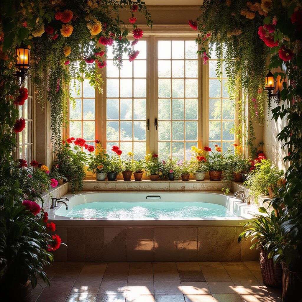 Luxurious Bathroom with Flowers in Cinematic Style