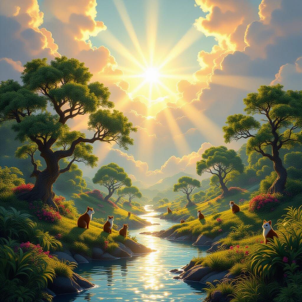 Divine World With Lush Trees, Animals, and Streams