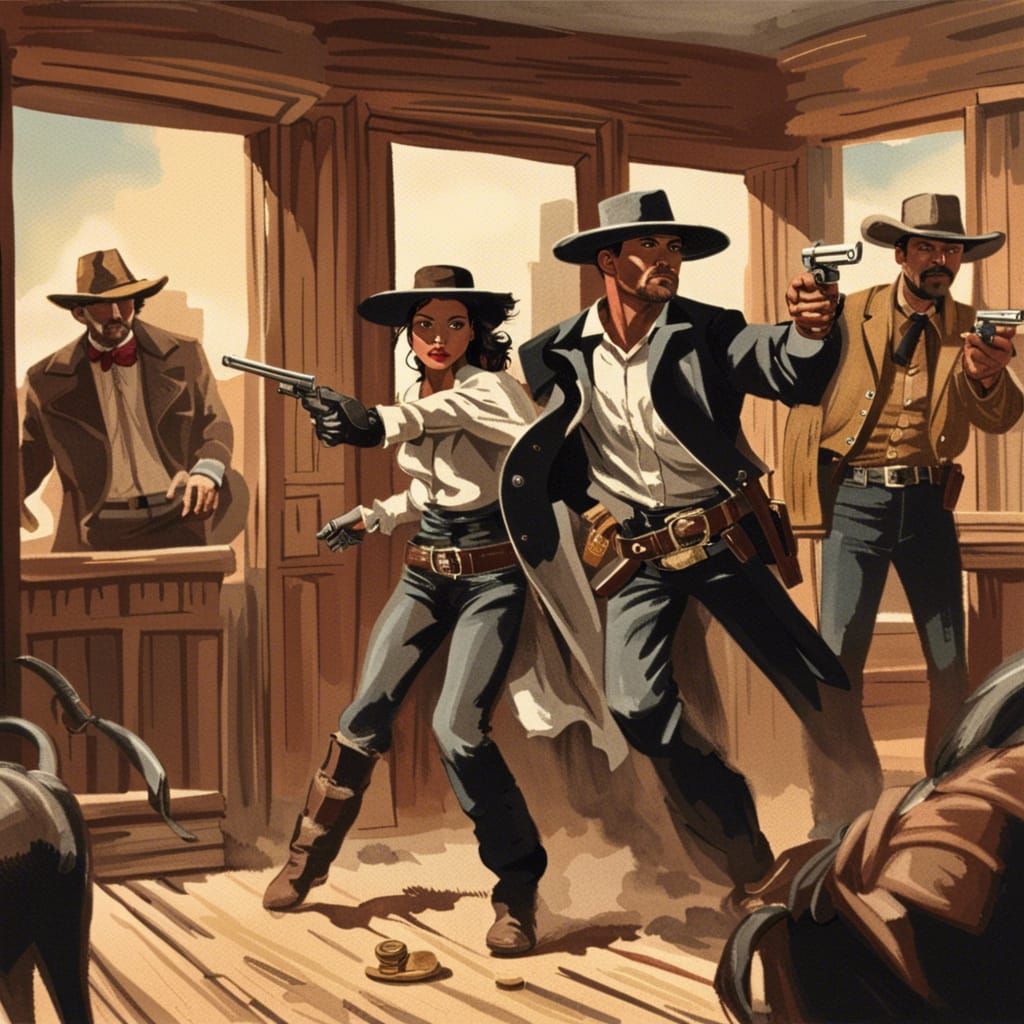 Old West Bank Robbery with Cowboy and Cowgirl