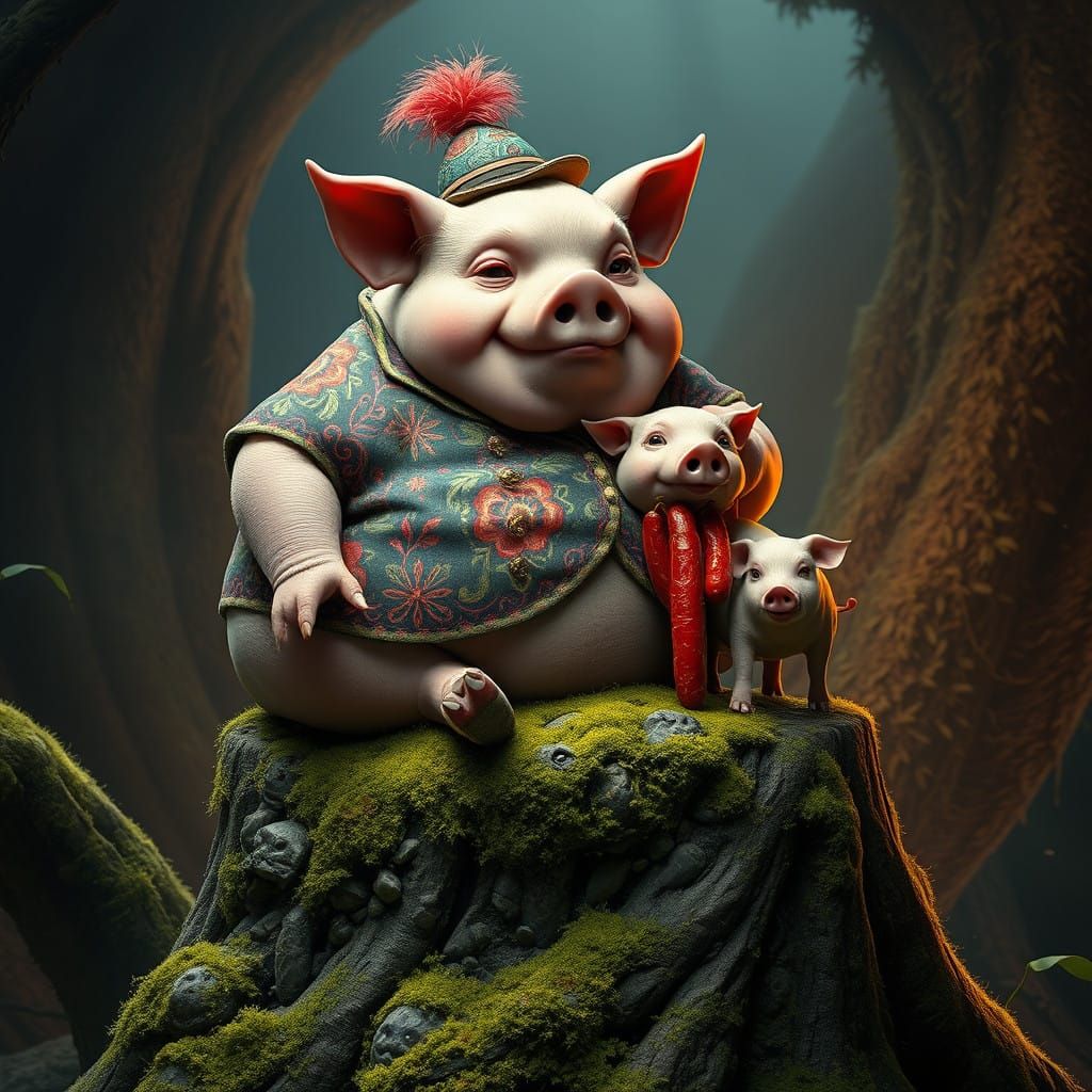 A Rotund Pig Indulges in a Fantastical Feast