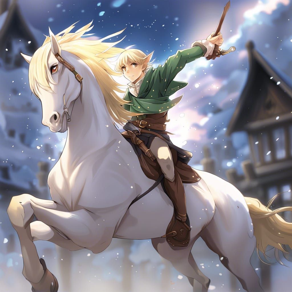 Elf Boy Riding Horse in Anime Style