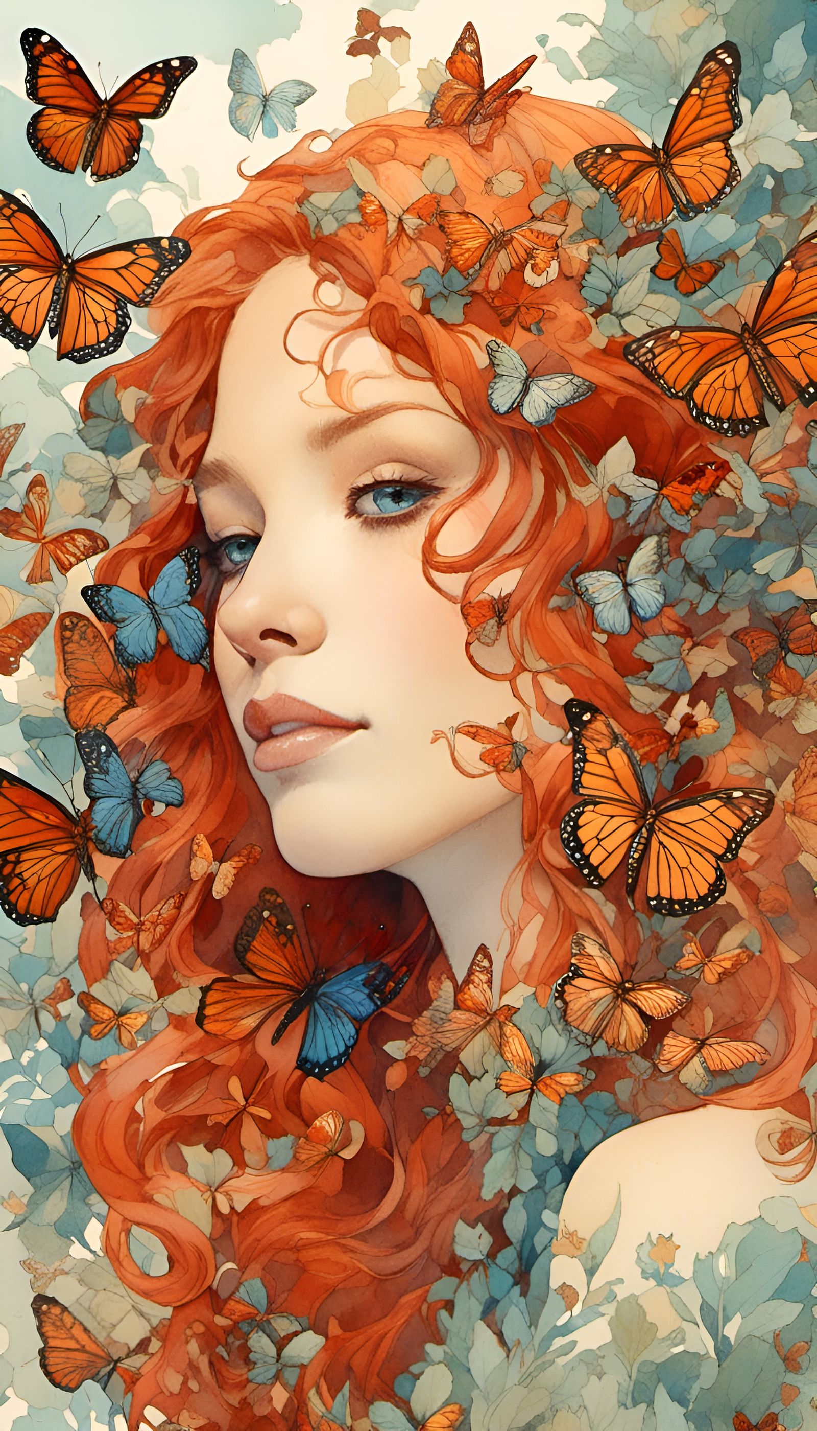 Woman Covered in Monarch Butterflies in Art Nouveau Style
