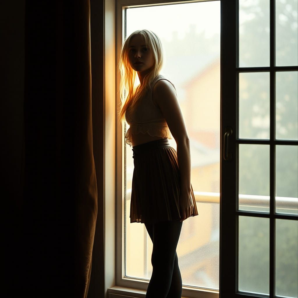 Androgynous Youth Contemplates in Moody Window Scene