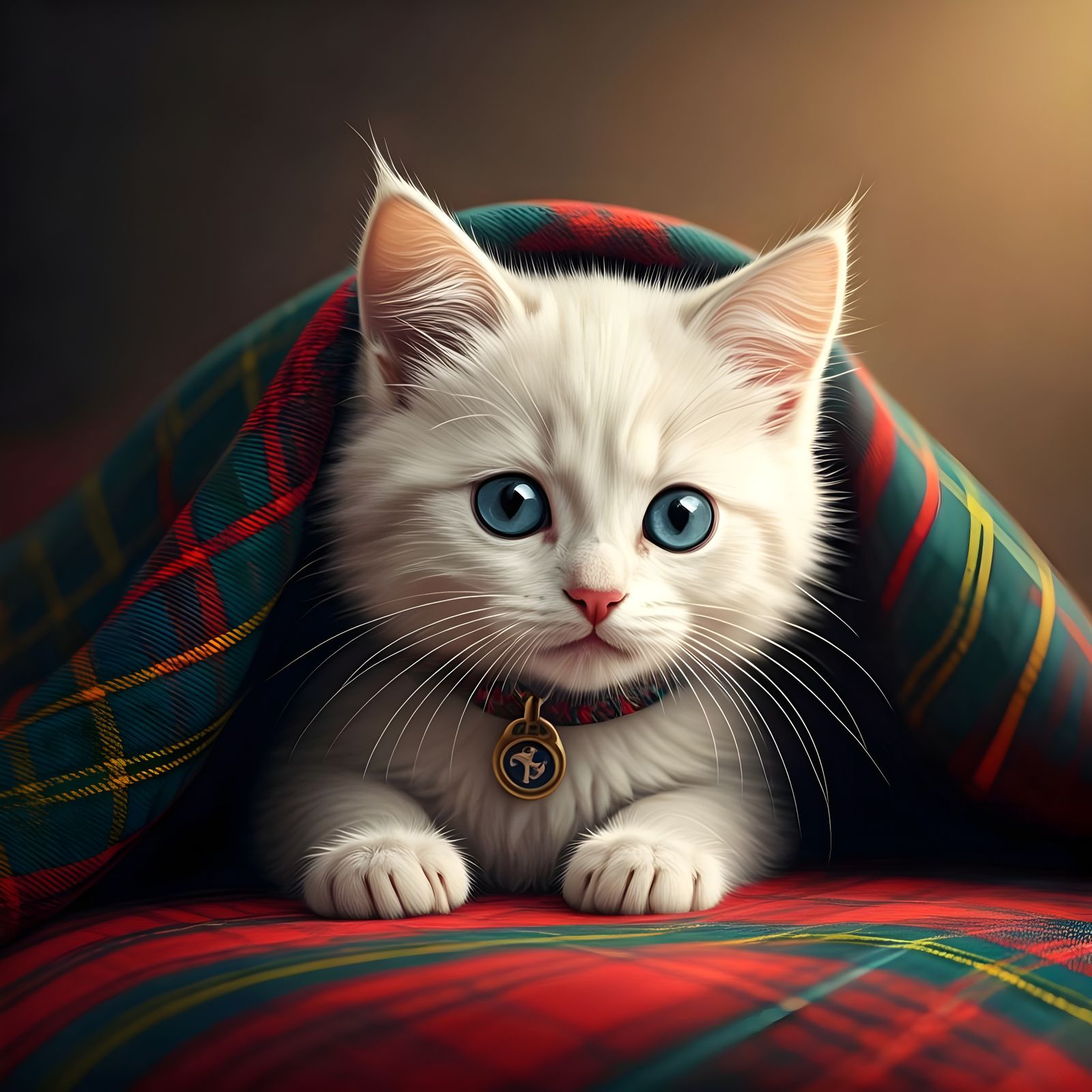 Cute Kitten Peek-a-Boo Under Tartan Blanket