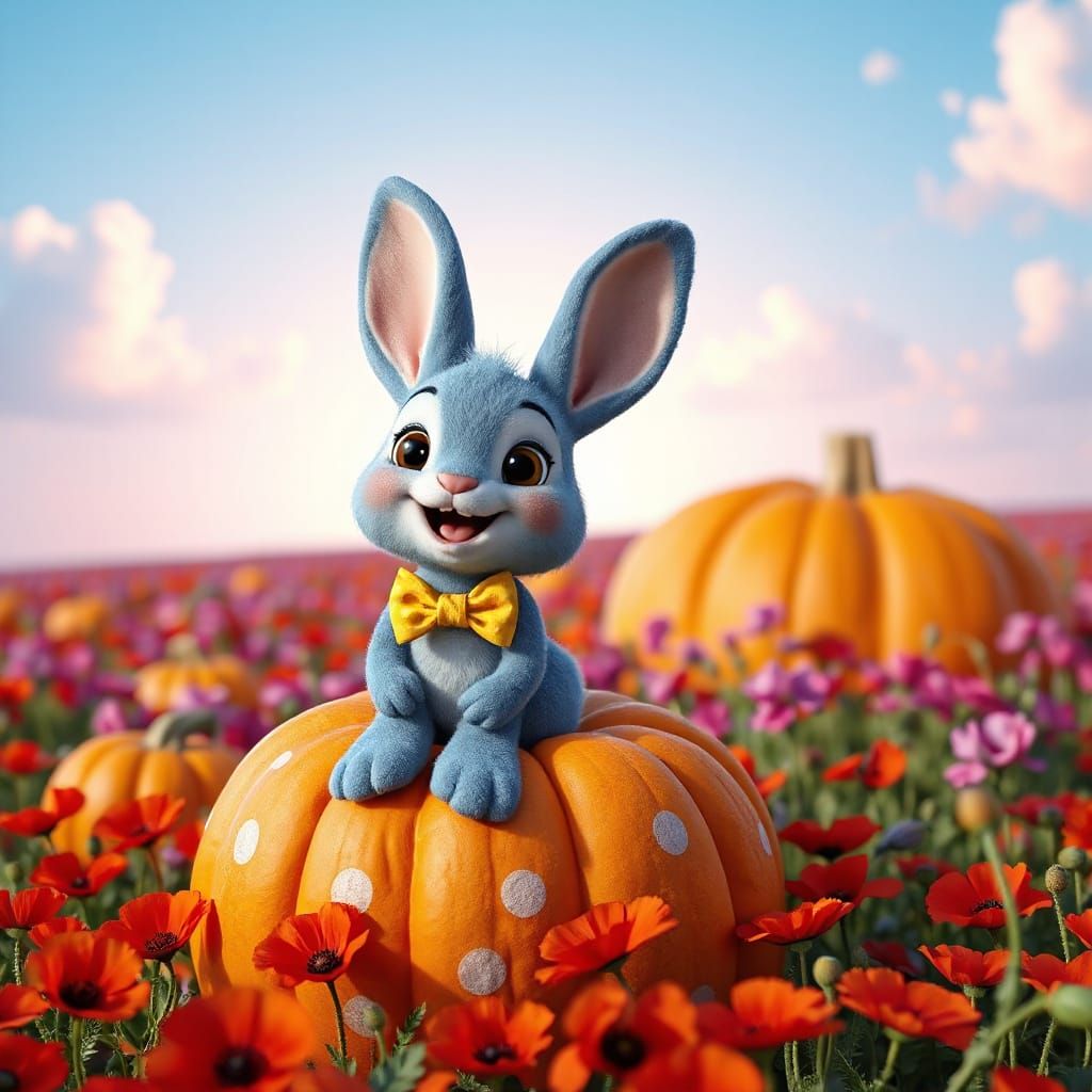 Smiling Blue Bunny on Orange Pumpkin: Pixar 3D Art