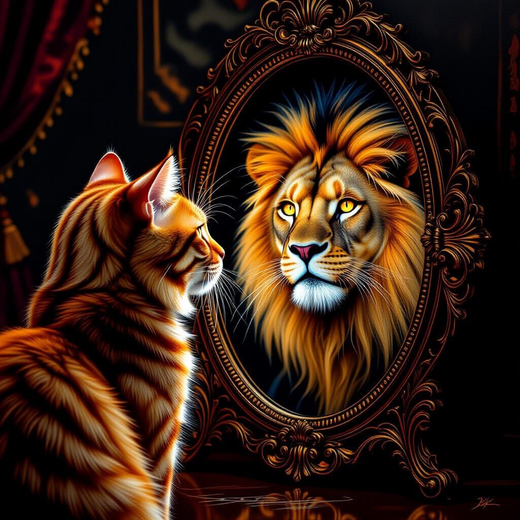 Tabby Cat's Reflection Becomes Regal Lion in Surreal Mirror