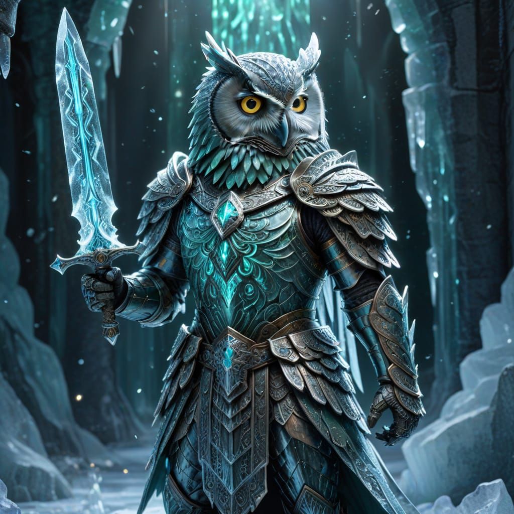 Ethereal Fantasy Owl Knight in Icy Armor