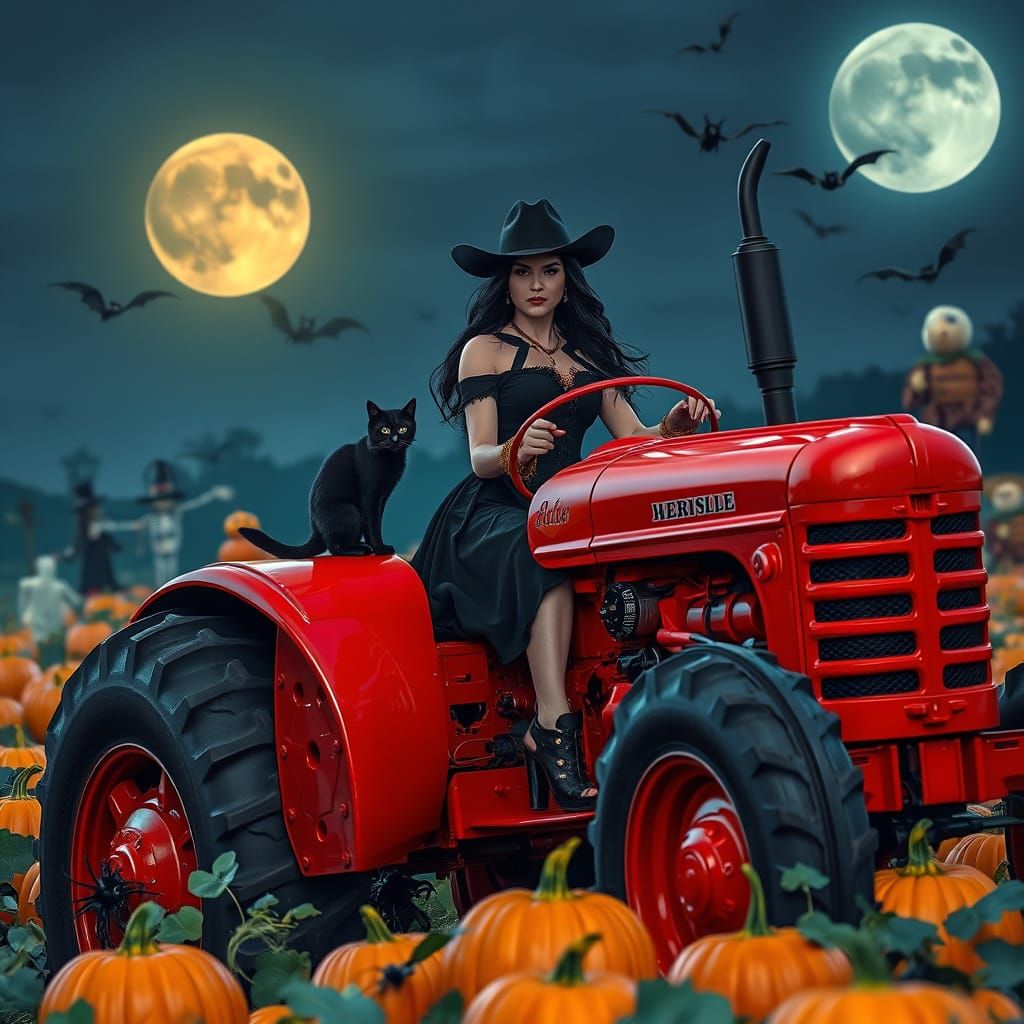 Gothic Woman Rides Tractor Through Haunted Pumpkin Field