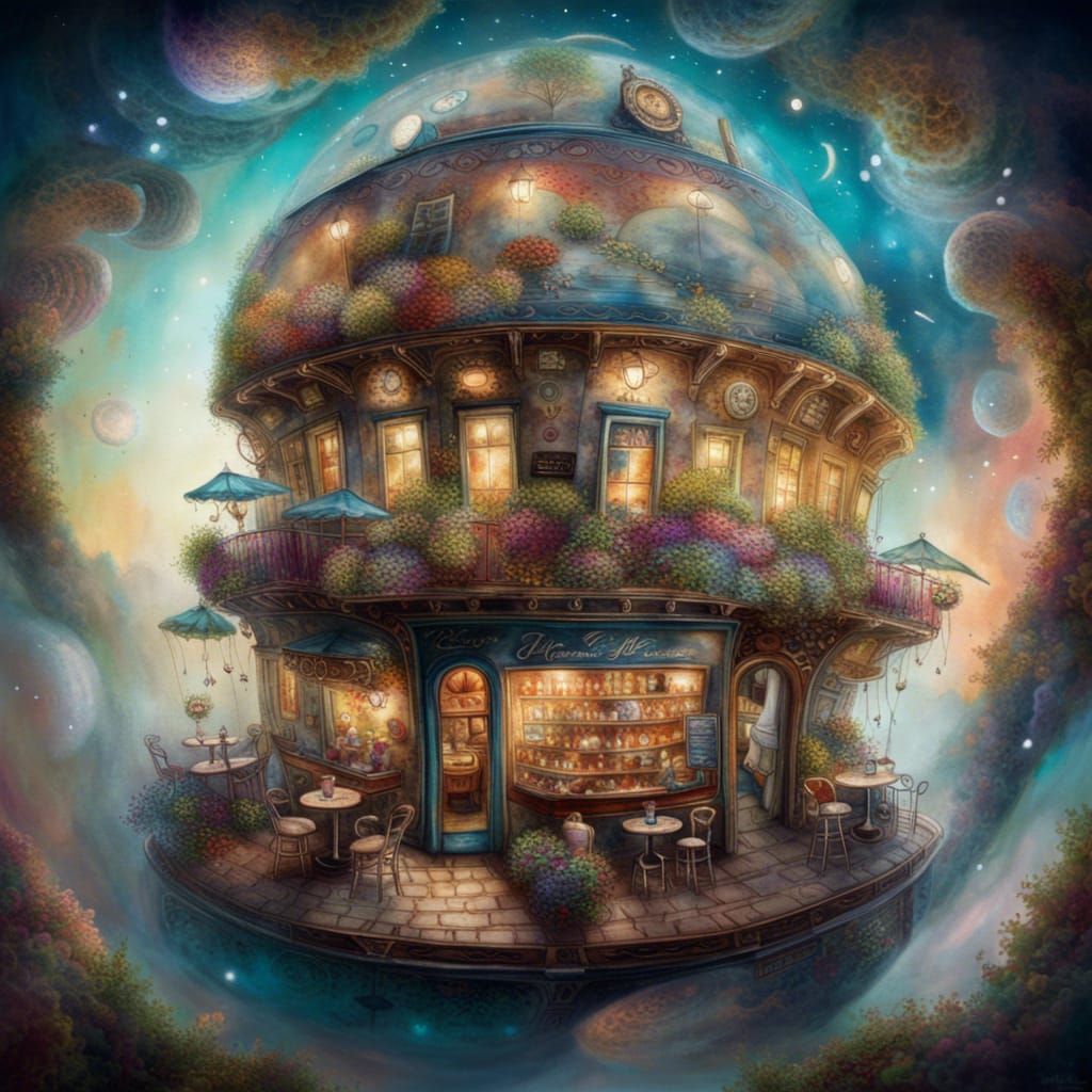 Cute coffee shop moving in space