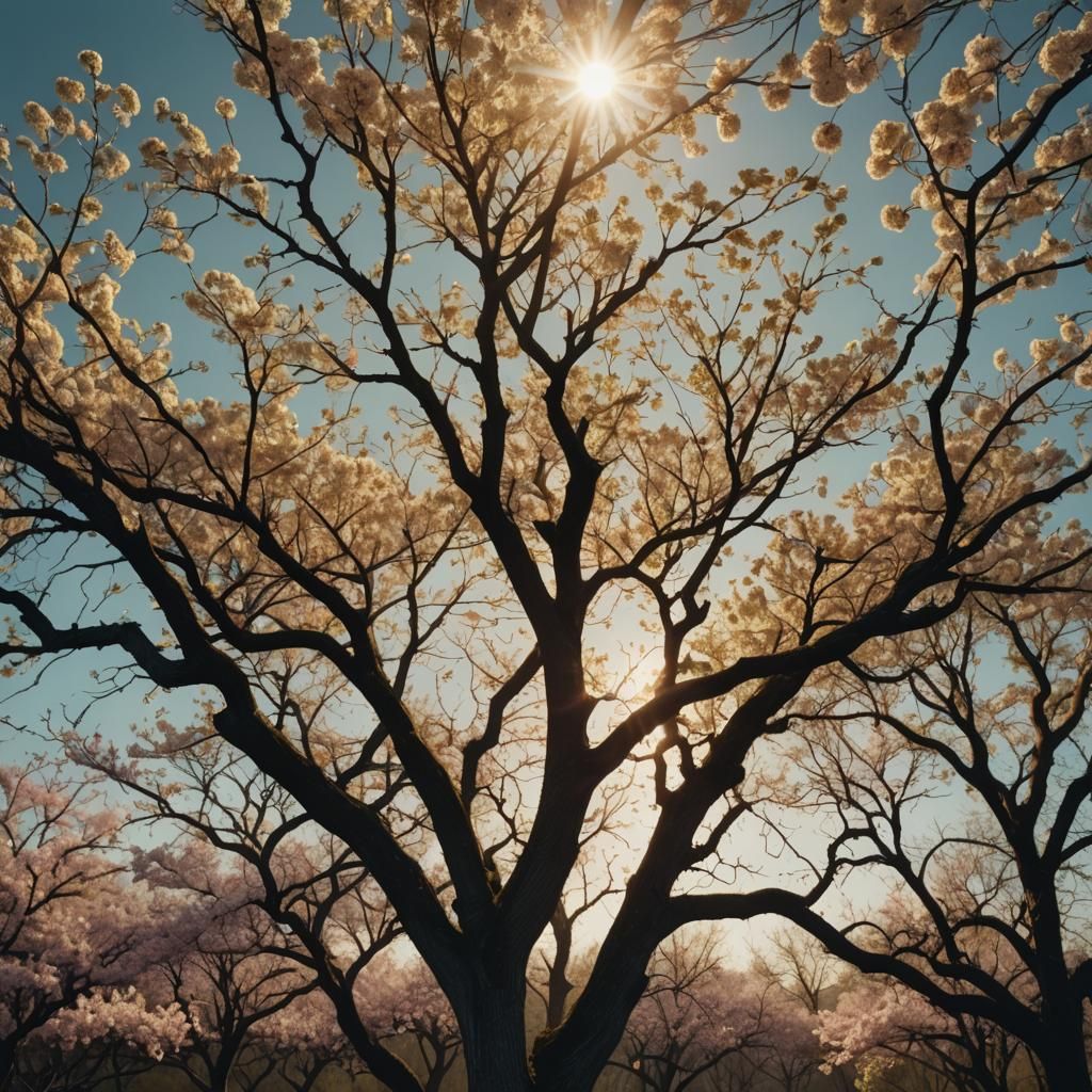Cinematic Sunrise Scene with Flowering Trees
