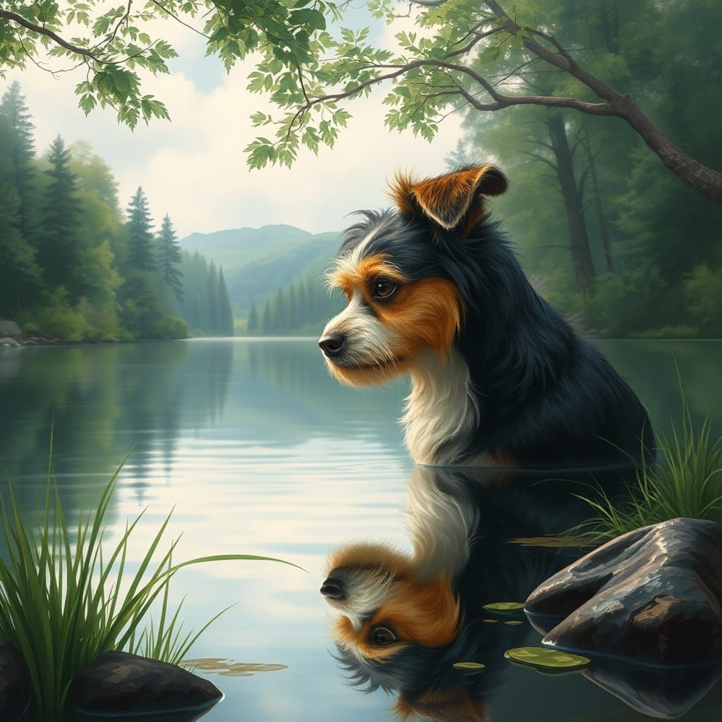 Dog Gazing at Reflection in Lake, Classic Art Style