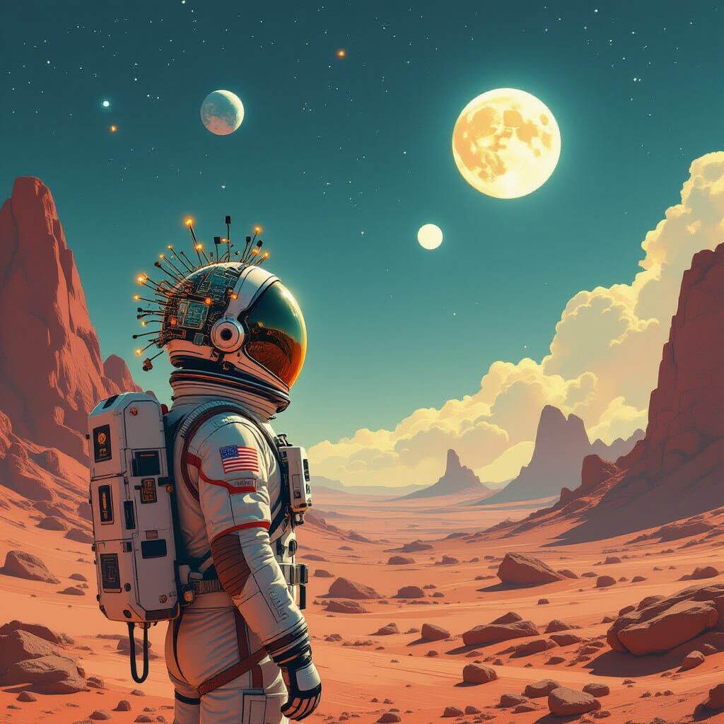 Astronaut on Alien World with Twin Moons