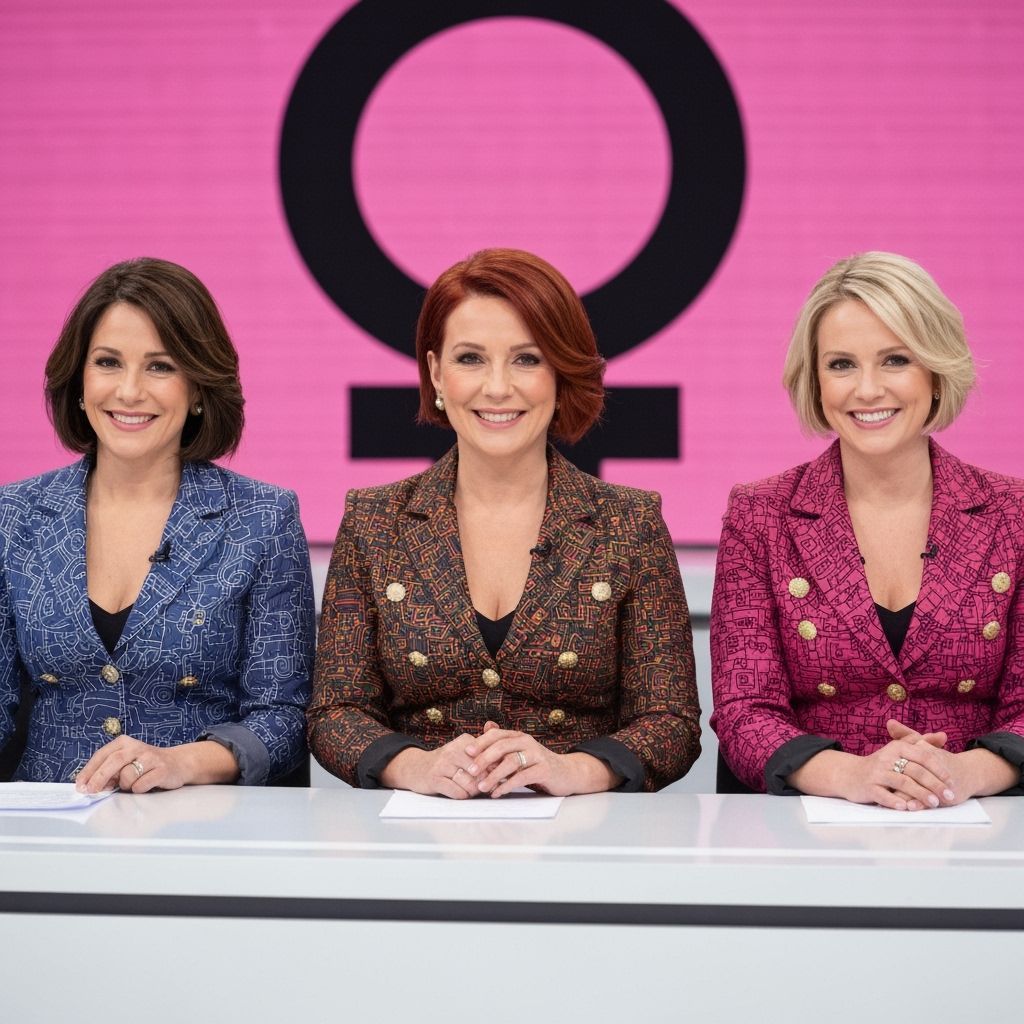 Businesswomen in Contour Map Blazers at Newsdesk