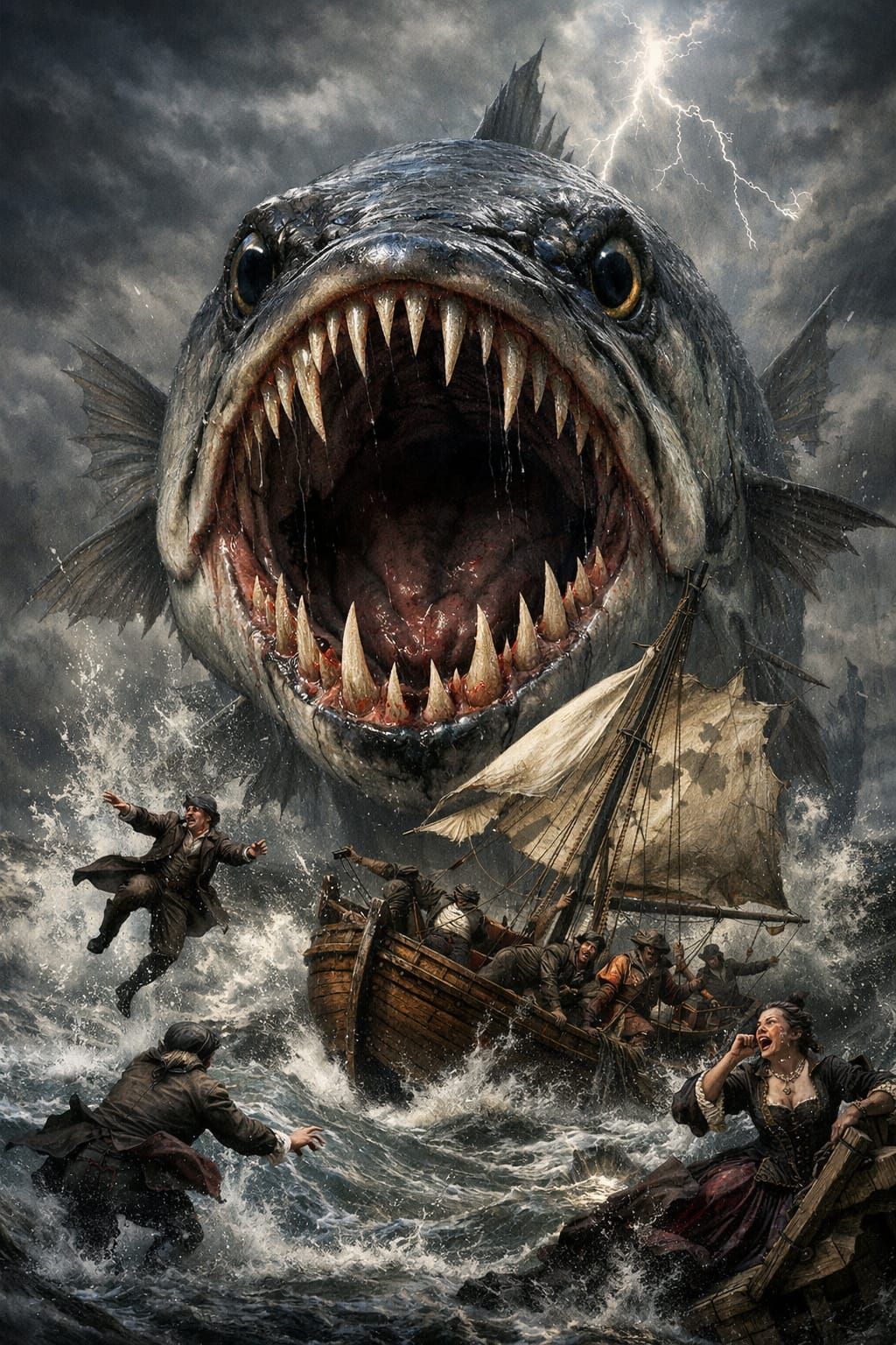 Gigantic Barracuda Devours Ship in Dark Fantasy Art
