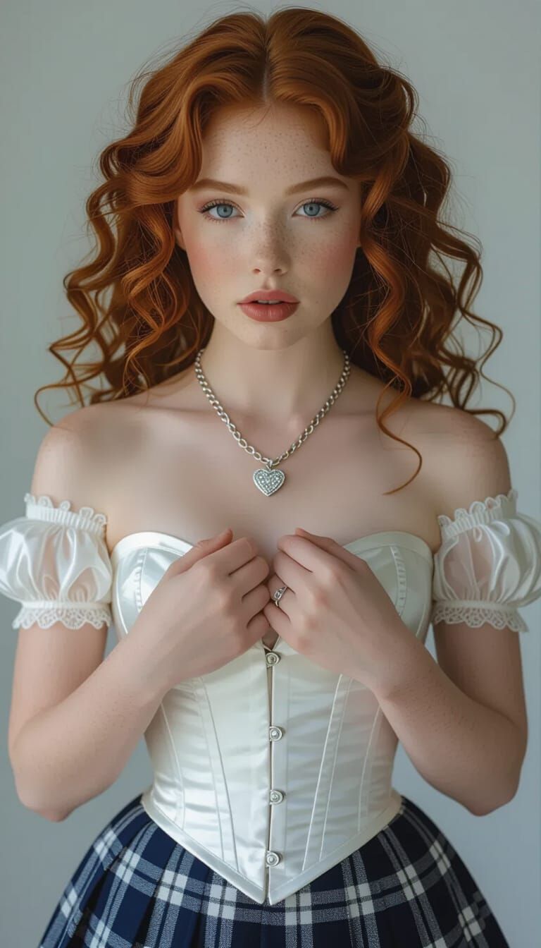 Young Woman with Red Hair in White Corset and Plaid Skirt