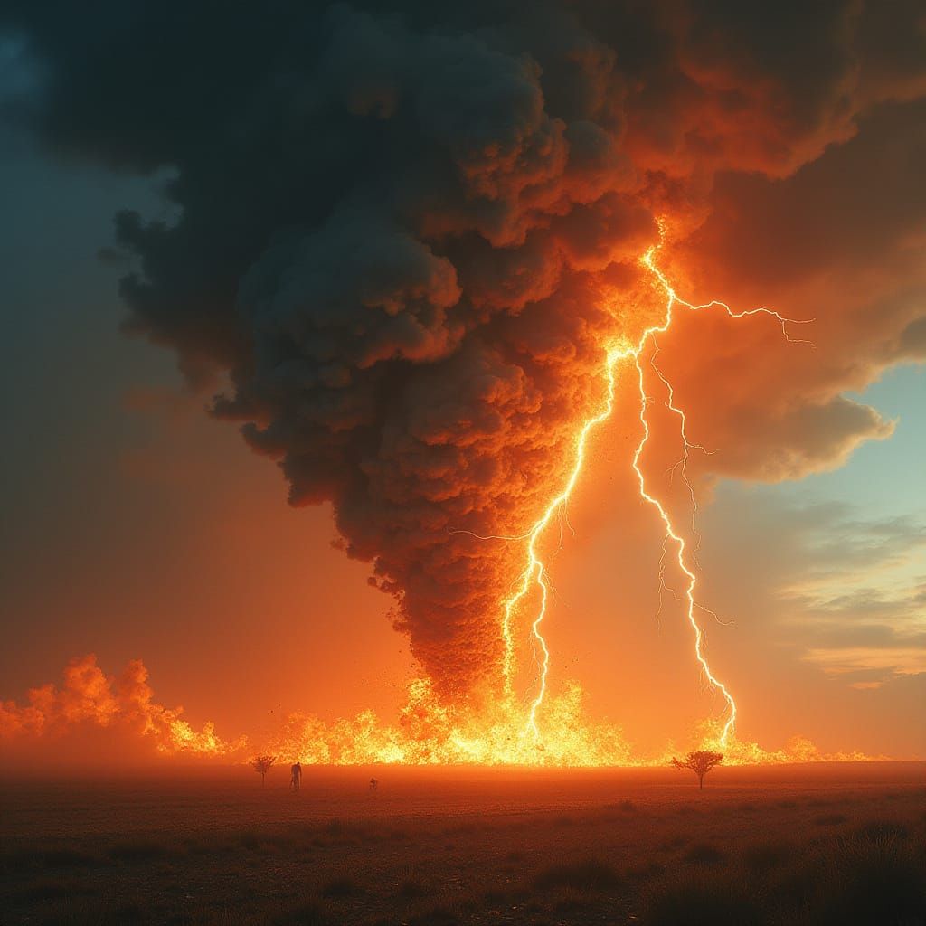 Tornado with Lightning Ravages Fiery Field