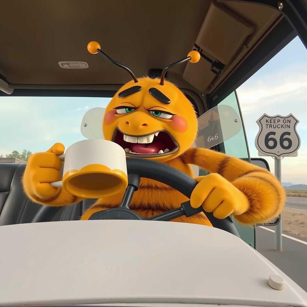 Cartoon Bee Trucker Needs Coffee on Route 66