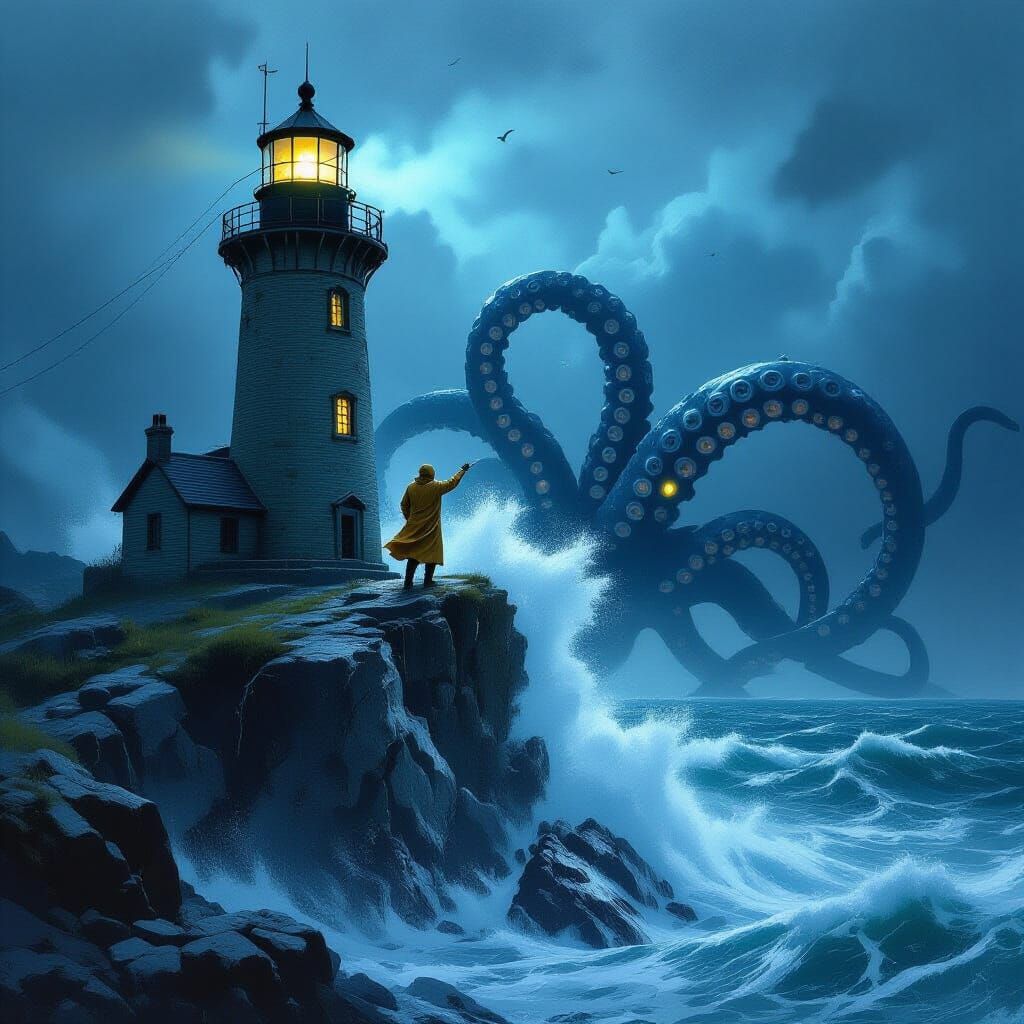Lighthouse Keeper Battles Kraken in Maritime Art Style