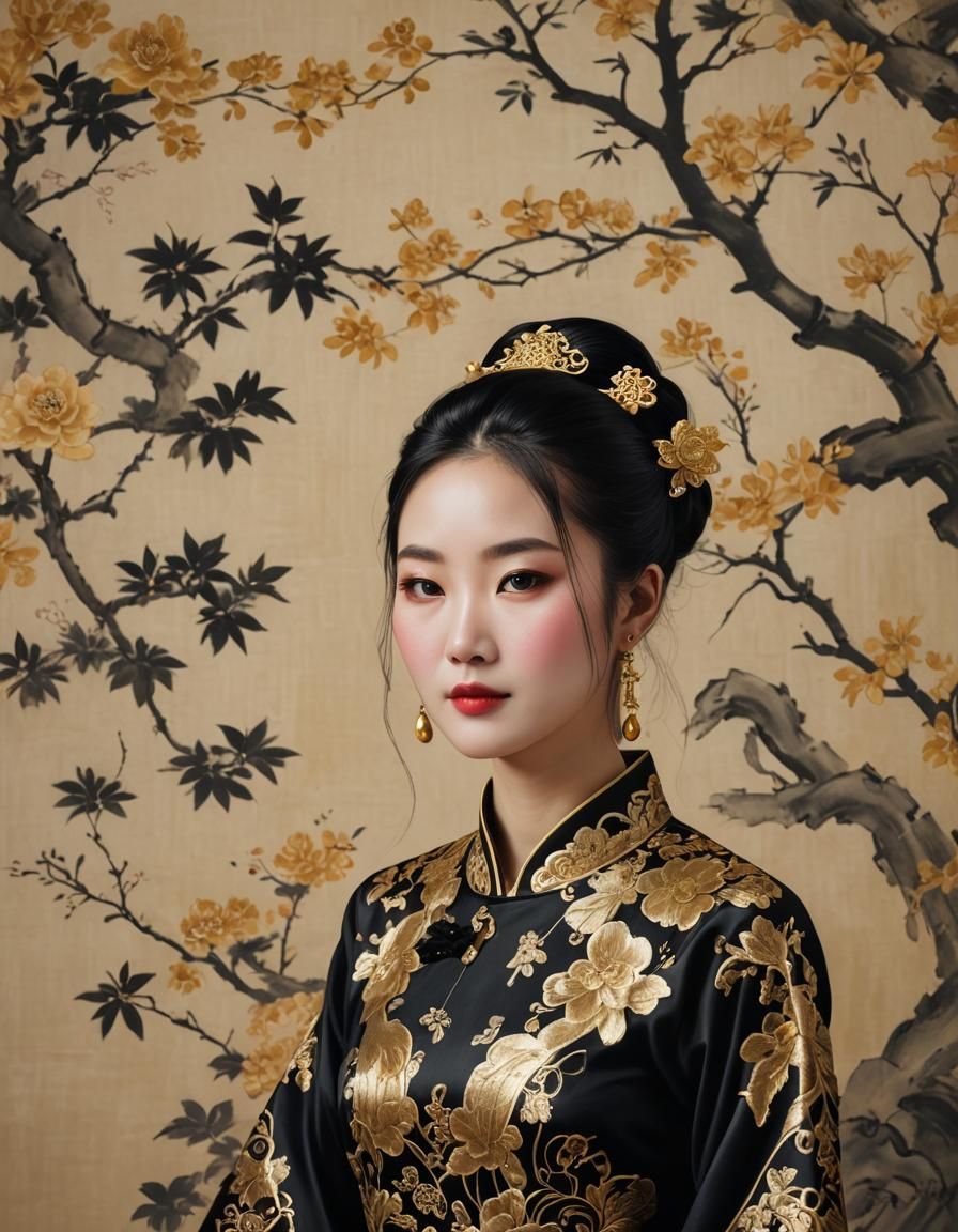 Very beautiful young Chinese woman in a Traditional black and gold dress, half body portrait