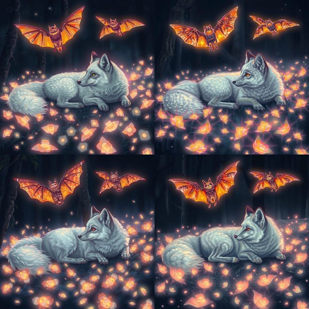 Majestic Nine-Tailed Arctic Fox in Luminous Forest Dreamscap...