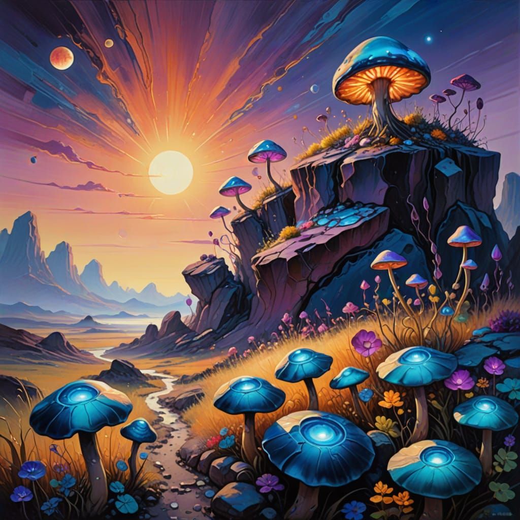 Surreal Alien Planet Landscape with Glowing Fungi and Rectan...
