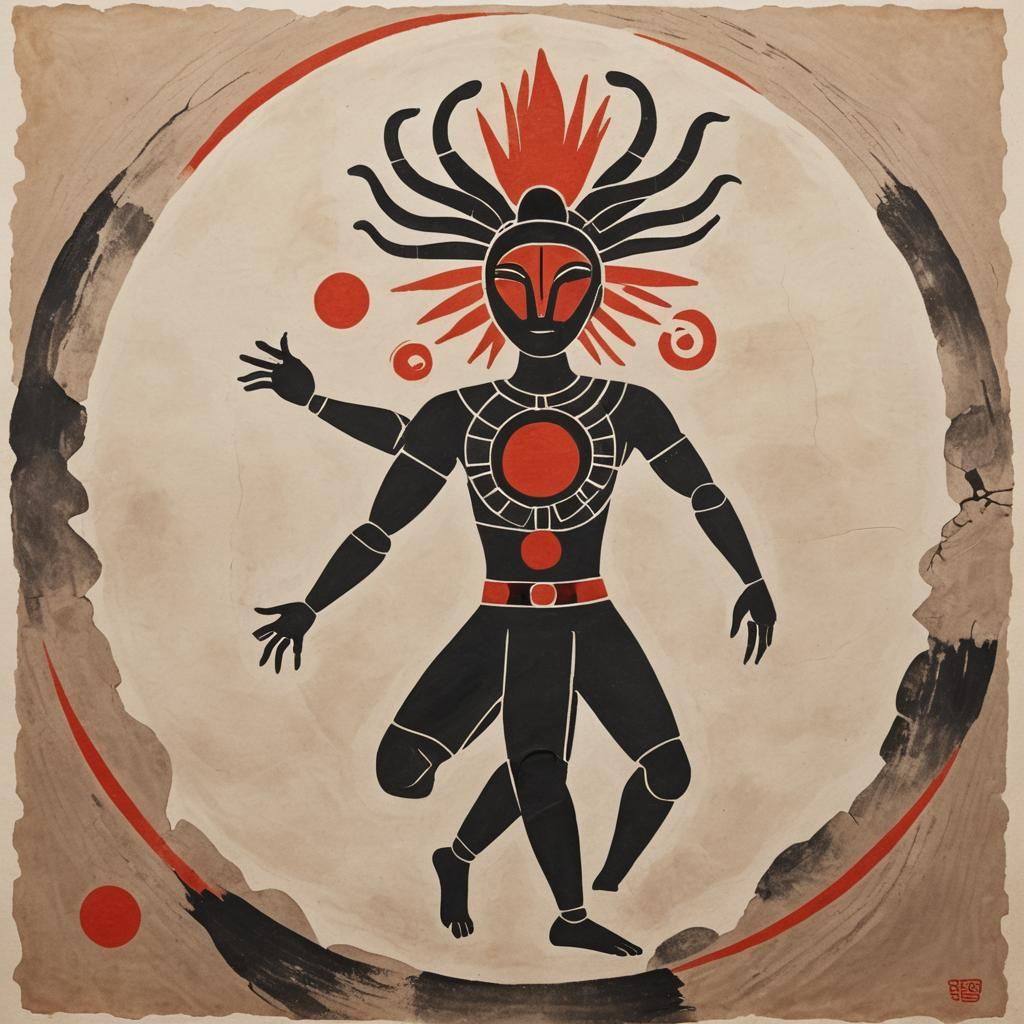 Dancing Snake Figure with Red Sun, Cave Painting Style