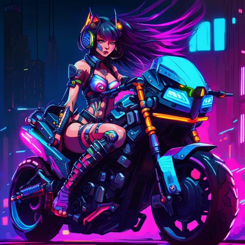 Cyberpunk Anime Warrior Girl on Motorbike