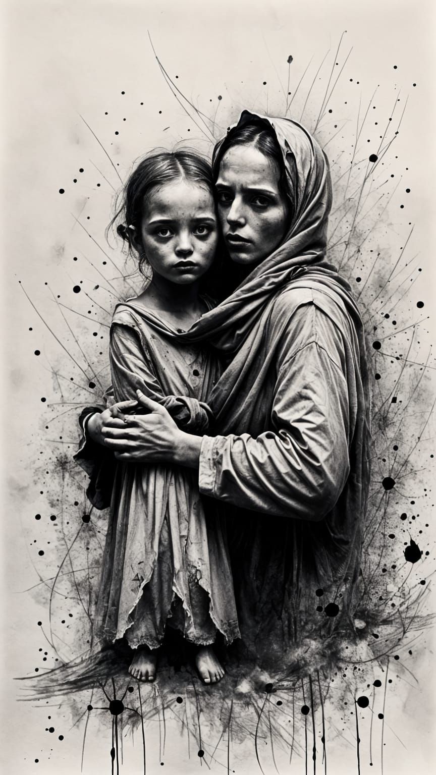 Monochromatic European Ink Drawing of Mother and Child