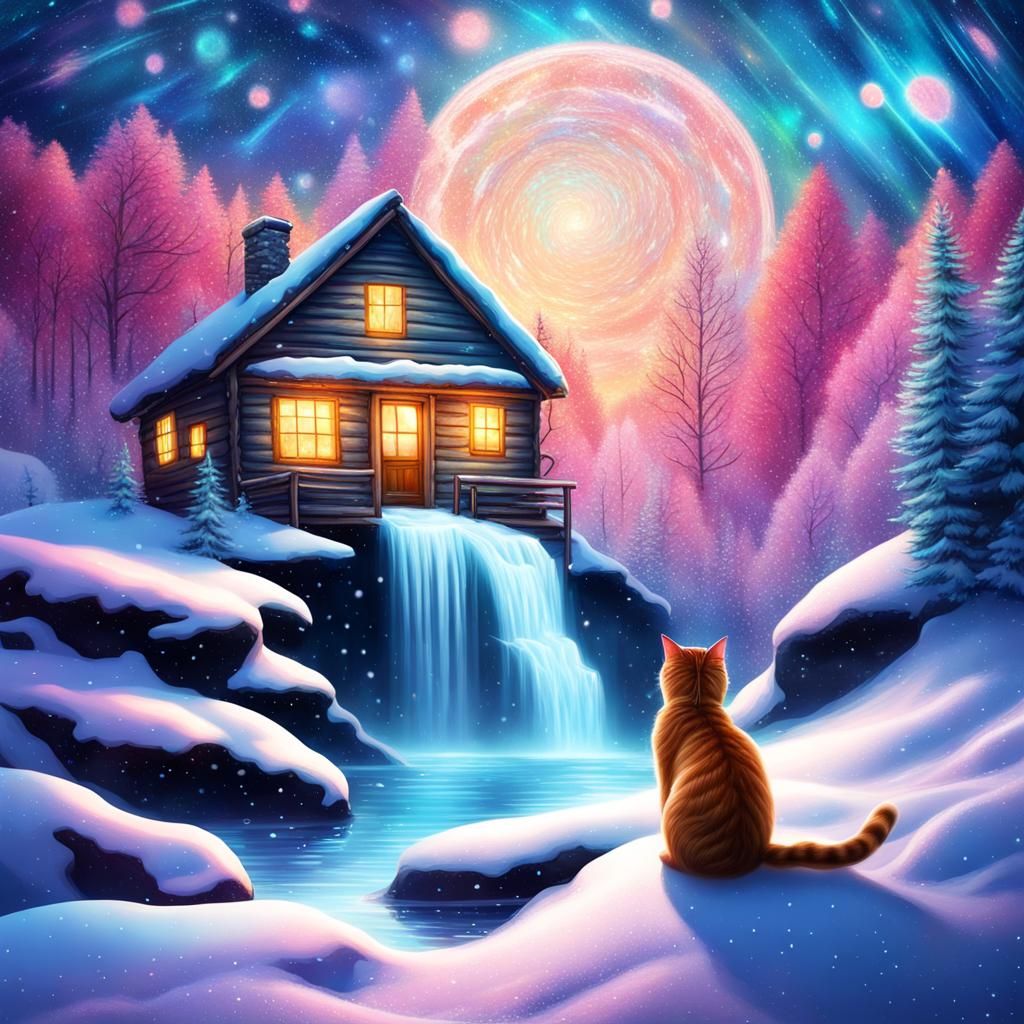 Dreamland Cabin, Waterfall, and Cat Illustration