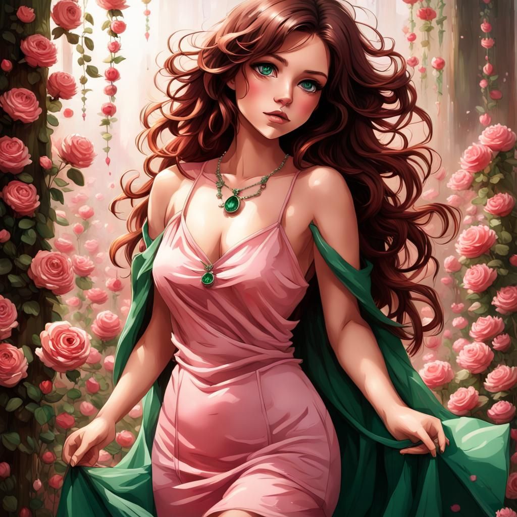 Cute Girl with Rose Necklace, Detailed Digital Painting