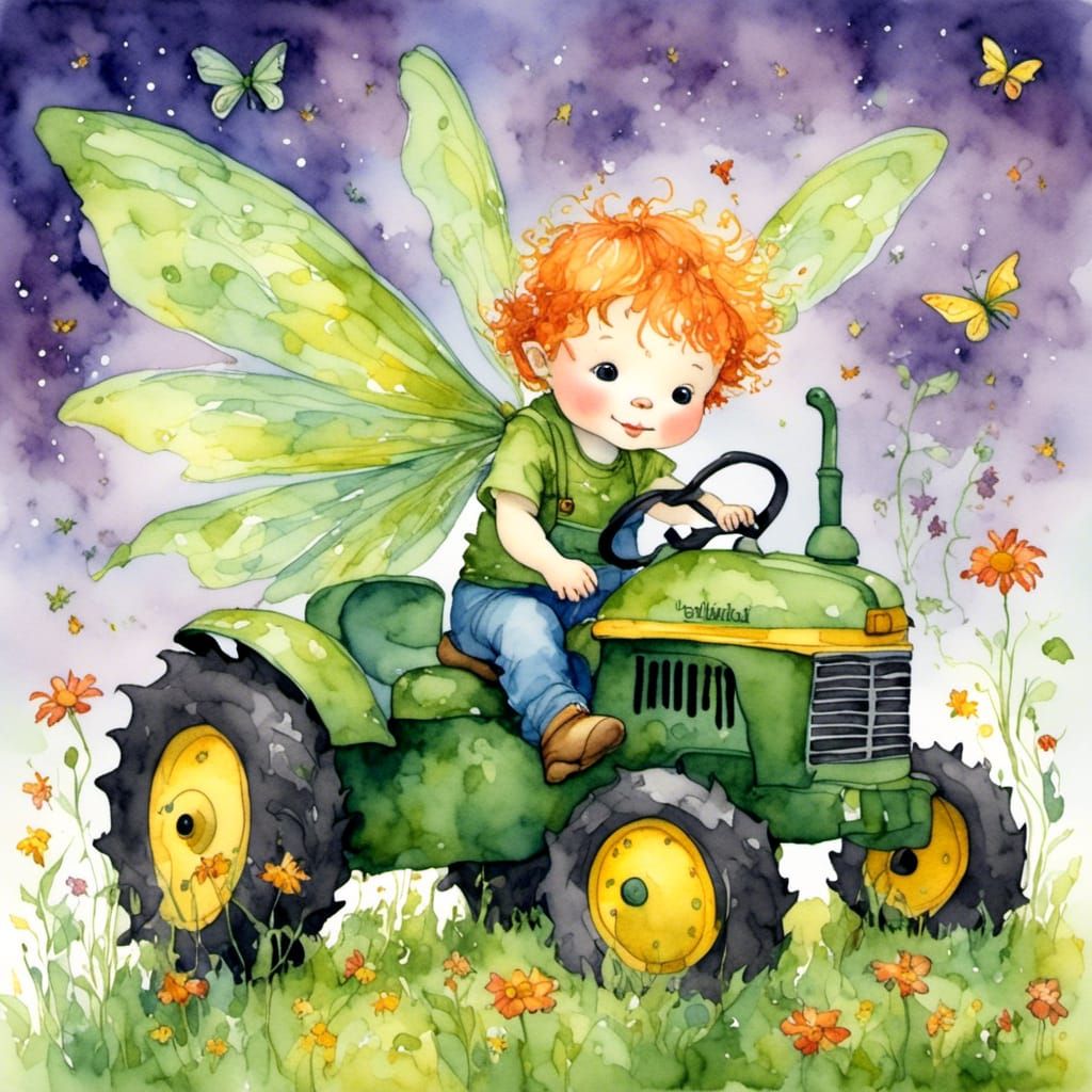 Red-Haired Fairy Baby Drives Tractor