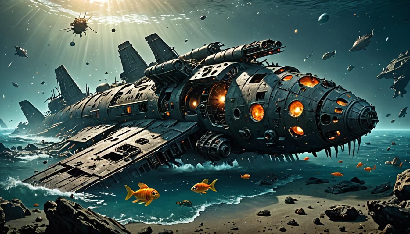 Space Ship Wrecked. A Space Ship has crashed into the ocean ...