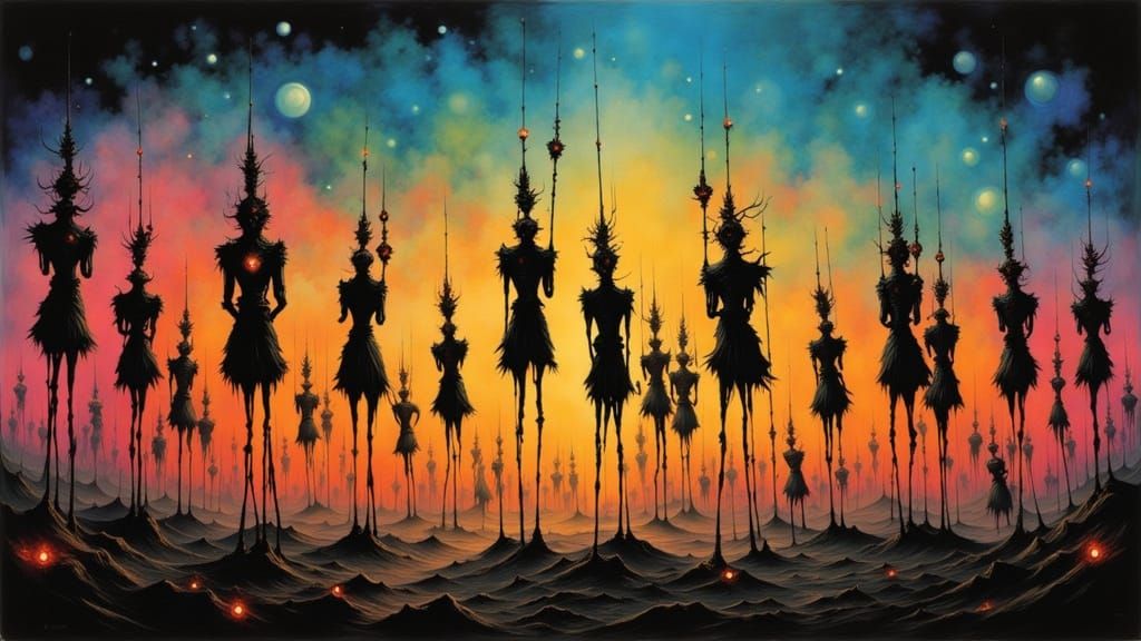 Surreal Stilt Walker Parade in Twilight Sky